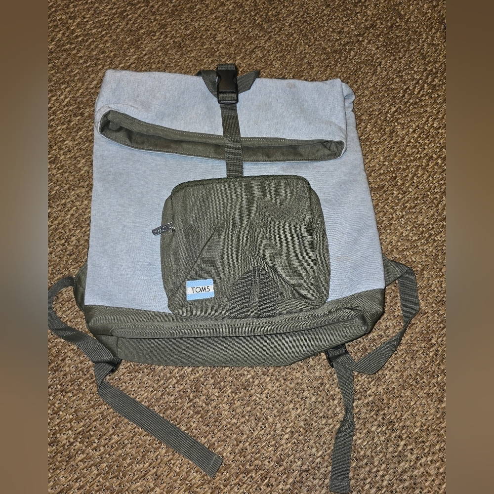 Toms Gray and Green Canvas Backpack with Adjustable Straps